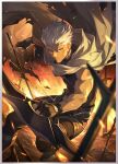  1boy archer_(fate) arrow_(projectile) black_gloves black_shirt bow_(weapon) cape dark-skinned_male dark_skin fate/stay_night fate/unlimited_blade_works fate_(series) fingerless_gloves fire gloves highres holding holding_arrow holding_bow_(weapon) holding_weapon honkai:_star_rail honkai_(series) male_focus official_art planted planted_sword shirt short_hair sleeveless sleeveless_shirt solo sword third-party_source weapon white_cape white_hair 