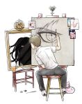  1boy ahoge animal_bag backpack bag bear_hair_ornament black_pants cat_bag commentary danganronpa_(series) danganronpa_2:_goodbye_despair english_commentary enoshima_junko from_behind galaga glass hair_ornament highres hinata_hajime holding holding_paintbrush inception kamukura_izuru kmnm_1403 looking_at_mirror male_focus mirror paintbrush painting_(action) painting_(object) pants pink_bag pixel_art reflection simple_background solo spoilers stool triple_self-portrait_(norman_rockwell) unworn_bag unworn_hair_ornament 