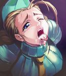  antenna_hair bad_id bad_pixiv_id blonde_hair blue_eyes cammy_white cum cum_in_mouth cum_on_tongue face facial garrison_cap hat kira_keita lips necktie simple_background solo street_fighter tears tongue tongue_out turtleneck 