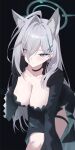  1girl absurdres ahoge animal_ears black_background black_dress black_jacket blue_archive blush breasts collarbone commentary cross_hair_ornament dress earrings extra_ears grey_hair hair_ornament halo highres jacket jewelry large_breasts leaning_forward long_hair looking_at_viewer shiroko_(blue_archive) shiroko_terror_(blue_archive) simple_background solo straight_hair stud_earrings sukaliya thigh_strap very_long_hair wolf_ears 