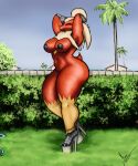 2025 5:6 absurd_res anthro areola avian big_breasts big_butt biped bird black_areola black_eyebrows black_eyeshadow black_lipstick black_nipples blaziken blue_eyes breasts building butt clothing dated eyebrow_piercing eyebrows eyeshadow facial_piercing feather_hair feathers female female_anthro footwear footwear_only generation_3_pokemon glistening glistening_body grass grey_clothing grey_footwear grey_high_heels half-closed_eyes hands_behind_head hi_res high_heels high_heels_only house lipstick looking_at_viewer makeup mostly_nude mostly_nude_anthro mostly_nude_female multicolored_body multicolored_feathers narrowed_eyes navel navel_piercing nintendo nipples non-mammal_breasts non-mammal_navel non-mammal_nipples outside palm_tree piercing plant pokemon pokemon_(species) pseudo_hair red_body red_feathers red_tail rokkofennec scut_tail scuted_arms scuted_feet scutes shoes short_tail signature solo tail tan_body tan_feathers thick_thighs tree wide_hips yellow_body yellow_feathers yellow_sclera