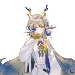  1girl ;) aqua_eyes arknights bare_shoulders belt blonde_hair blue_hair chinese_commentary closed_mouth colored_extremities commentary_request dragon_girl dragon_horns earrings gou_(abcddddde) grey_hair hair_between_eyes hair_intakes hand_up highres horns jacket jewelry long_hair long_sleeves multicolored_hair off_shoulder one_eye_closed pointy_ears shu_(arknights) simple_background smile solo split_mouth strapless tube_top very_long_hair white_background white_belt white_jacket white_tube_top 