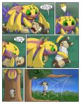 2016 arthropod_webbing bound brown_body brown_fur comic duo dweet-tea feral fur furret galvantula generation_2_pokemon generation_5_pokemon green_eyes hi_res nintendo outside plant pokemon pokemon_(species) speech_bubble text tree web_bondage yellow_body