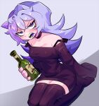  1girl ahoge alcohol animal_ears annoyed artist_name bare_shoulders black_choker black_shirt black_thighhighs bottle breasts cat_ears choker cleavage collarbone colored_lineart colored_tongue crossed_bangs double-parted_bangs double_strap_slip fangs flipped_hair half-closed_eyes hand_on_floor hand_rest holding holding_bottle kneeling knees_out_of_frame long_hair looking_at_viewer medium_breasts no_shoes off-shoulder_shirt off_shoulder open_mouth original purple_eyes purple_hair purple_tongue sashley shirt single_sleeve_past_fingers solo thighhighs thighs upturned_eyes v-shaped_eyebrows zettai_ryouiki 