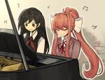  2girls black_eyes black_hair black_vest blush bow closed_eyes collared_shirt commentary doki_doki_literature_club doki_doki_literature_club_school_uniform english_commentary fill_feels grand_piano hair_bow hair_over_shoulder high_ponytail instrument long_hair looking_at_object mari_(faraway)_(omori) mari_(omori) monika_(doki_doki_literature_club) multiple_girls multiple_hair_bows music neck_ribbon necktie omori outline piano pink_hair pink_suit playing_instrument playing_piano ponytail red_necktie ribbon school_uniform shirt smile suit trait_connection upper_body very_long_hair vest white_outline white_shirt 