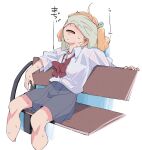  1girl arm_up bbr_brbr bench blonde_hair blush bow bowtie collared_shirt commentary covered_eyes cropped_legs daiba_nana feet_out_of_frame green_ribbon grey_skirt hair_ribbon high-waist_skirt highres hot long_sleeves loose_bowtie lower_teeth_only miniskirt on_bench open_mouth pleated_skirt red_bow red_bowtie ribbon see-through_clothes see-through_shirt seishou_music_academy_uniform shirt shirt_tucked_in short_hair short_twintails shoujo_kageki_revue_starlight sitting skirt sleeves_pushed_up solo sweat teeth towel towel_on_face translated twintails wet wet_clothes wet_shirt 