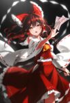  1girl absurdres ascot bare_shoulders between_fingers black_background bow brown_hair buttons collared_shirt commentary_request cowboy_shot detached_sleeves floating_clothes floating_hair frills gohei gradient_background grey_background hair_between_eyes hair_bow hair_ornament hair_tubes hakurei_reimu hand_up highres holding holding_gohei holding_ofuda long_hair long_sleeves looking_at_viewer nontraditional_miko ofuda open_mouth red_bow red_eyes red_skirt red_vest shide shirt sidelocks simple_background skirt skirt_set sleeveless sleeveless_shirt solo standing taigaphan teeth touhou v-shaped_eyebrows vest white_shirt white_sleeves wide_sleeves yellow_ascot 