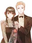  1boy 1girl black_bow black_bowtie black_dress black_hair black_pants black_suit blonde_hair blue_eyes bow bowtie breasts cleavage collarbone couple dashimakick dress dress_shirt facing_viewer flower hair_between_eyes hair_bun hair_flower hair_ornament hand_on_another&#039;s_shoulder highres holding holding_flower husband_and_wife long_hair looking_at_another mature_female mature_male pants red_eyes red_flower red_rose rose see-through_clothes see-through_dress shirt short_hair sidelocks simple_background smile spy_x_family suit twilight_(spy_x_family) white_background white_shirt yor_briar 