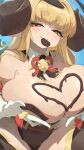  1girl anila_(granblue_fantasy) blonde_hair breasts brown_horns chocolate chocolate_on_body chocolate_on_breasts closed_mouth commentary_request commission draph food_on_body gloves granblue_fantasy hata4564 highres horns huge_breasts long_hair looking_at_viewer mouth_hold sheep_horns skeb_commission solo white_gloves yellow_eyes 