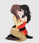  2girls belt black_belt black_hair black_thighhighs brown_pantyhose brown_skirt cosplay costume_switch dress french_kiss highres kiss kuroki_tomoko kuroki_tomoko_(cosplay) kurokimoko megumin megumin_(cosplay) multiple_girls necktie no_shoes on_lap pantyhose red_dress red_necktie simple_background sitting skirt thighhighs tongue tongue_out watashi_ga_motenai_no_wa_dou_kangaetemo_omaera_ga_warui! yuri 