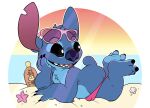 absurd_res alien anthro asterozoan bare_butt belly black_eyes blue_body blue_fur bulge butt clothing disney echinoderm experiment_(lilo_and_stitch) eyewear fur hi_res lilo_and_stitch lying male marine on_front sand slightly_chubby smile solo speedo speedo_down starfish stitch_(lilo_and_stitch) sunglasses suntan_lotion swimwear tbid