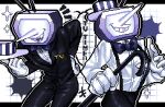  1boy 9aaaalt29 ant_tenna black_bow black_bowtie black_jacket black_pants bow bowtie cane crt deltarune fangs gloves grin hat highres holding holding_cane holding_unworn_clothes holding_unworn_hat jacket letterboxed male_focus multiple_views notice_lines object_head outline pants pixel_art pointy_nose shirt shirt_tucked_in smile suspenders unworn_hat unworn_headwear white_gloves white_outline white_shirt 
