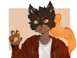 4:3 absurd_res ambiguous_gender anthro brown_body brown_fur chervoviytuz clothing domestic_cat felid feline felis fur geometric_background gesture hand_gesture hi_res hoodie kali_delane mammal open_mouth orange_eyes orange_pawpads orange_tail orange_tongue pawpads red_clothing red_hoodie red_topwear shirt simple_background smile solo tail tongue topwear v_sign white_clothing white_shirt white_topwear