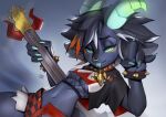 anthro black_clothing black_hair black_topwear blue_body blue_claws blue_horn blue_sclera blue_tongue bottomwear bracelet claws clothing collar facial_piercing female female_anthro finger_claws forked_tongue glistening glistening_eyes green_eyes green_horn guitar hair hi_res holding_guitar holding_musical_instrument holding_object horn jewelry looking_at_viewer mouth_closed multicolored_hair musical_instrument navel nose_piercing nose_ring orange_hair piercing plucked_string_instrument red_bottomwear red_clothing red_collar ridged_horn ring_piercing septum_piercing septum_ring shermugi solo spiked_bracelet spiked_collar spikes string_instrument tongue tongue_out topwear white_hair