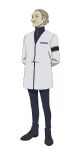 1boy armband arms_behind_back black_shoes blue_pants dress_shoes full_body grey_hair gundam gundam_gquuuuuux highres jacket leo_lionni_(gundam) long_coat looking_to_the_side male_focus official_art old old_man pants receding_hairline shoes short_hair solo standing transparent_background turtleneck white_jacket wrinkled_skin zipper 