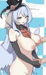  1boy 1girl absurdres bare_shoulders black_gloves blue_archive blue_hair blue_wings blush breasts cleavage cleft_of_venus detached_collar elbow_gloves feathered_wings fingerless_gloves gloves grabbing_another&#039;s_breast green_eyes groin groping handshake hat highres large_breasts long_hair low_wings mine_(blue_archive) mine_(idol)_(blue_archive) mini_hat mini_top_hat multicolored_hair navel nipples official_alternate_costume open_mouth pink_hair pointy_ears pussy request_inset streaked_hair syabadabado tilted_headwear top_hat very_long_hair wings 