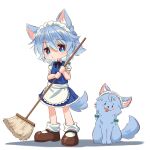  1girl animal_ear_fluff animal_ears animalization apron blue_eyes blue_hair bow braid broom brown_shoes chibi closed_mouth commentary dog dog_ears dog_girl dog_tail green_bow highres holding holding_broom izayoi_sakuya kemonomimi_mode looking_at_viewer maid maid_headdress person_and_animalization puffy_sleeves shoes socks solo suteruko tail touhou twin_braids waist_apron white_apron white_socks 