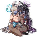  2girls asuna_(blue_archive) asuna_(bunny)_(blue_archive) bdsm black_hair black_leotard blonde_hair blue_archive blue_leotard bondage bound breasts dark-skinned_female dark_skin gag halo highres improvised_gag karin_(blue_archive) karin_(bunny)_(blue_archive) large_breasts leotard looking_at_viewer mole mole_on_breast multiple_girls playboy_bunny shibari tape tape_gag tiedtiki 