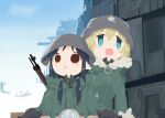  2girls black_gloves black_hair blonde_hair blue_eyes brown_eyes building chito_(shoujo_shuumatsu_ryokou) combat_helmet fur-trimmed_jacket fur_trim gloves green_jacket grey_helmet helmet highres jacket long_hair low_twintails multiple_girls naaga_sonomono open_mouth outdoors shoujo_shuumatsu_ryokou twintails upper_body yuuri_(shoujo_shuumatsu_ryokou) 