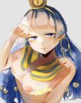  1girl :d blue_eyes blue_hair blunt_bangs blush bra_tug breasts clenched_hand earrings facial_mark fossilized_wonders gold_headdress gold_jewelry hair_ornament highres jewelry key_earrings looking_to_the_side michigami_nareko nyan_shitai parted_lips paw_pose smile solo touhou triangle triangle_facial_mark 