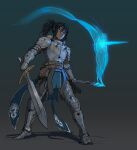 1girl alpyro armor artist_name belt belt_buckle belt_pouch black_hair blue_eyes brown_belt buckle casting_spell commentary cuirass cuisses dark-skinned_female dark_skin dragon_print elden_ring english_commentary full_body gauntlets gradient_background greaves grey_background high_ponytail highres holding holding_sword holding_wand holding_weapon legs_apart magic pauldrons poleyn ponytail pouch rerebrace revision sabaton scar scar_on_face shadow short_hair shoulder_armor shoulder_spikes solo spiked_armor spiked_pauldrons spikes standing sword tarnished_(elden_ring) wand weapon 