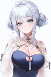  1girl absurdres ahoge bbeedol blue_eyes breasts center_opening chinese_clothes cleavage closed_mouth clothing_cutout commission double_bun dress framed_breasts hair_bun hand_on_own_chest hand_up heart_cutout highres large_breasts long_hair long_sleeves looking_at_viewer original pixiv_commission see-through_clothes see-through_dress see-through_sleeves sidelocks simple_background smile solo strapless tassel tube_top upper_body white_background white_dress white_hair 