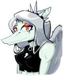 alpha_channel amber_eyes anthro biped black_clothing black_crop_top black_shirt black_topwear blue_body blue_scales bone bone_frill breasts bust_portrait clothed clothed_anthro clothed_female clothing collar colored crop_top eyeshadow fang_(gvh) feathered_wings feathers female frill_(anatomy) front_view goodbye_volcano_high grey_hair grey_wings hair happy hi_res jewelry long_hair looking_at_viewer makeup markings medium_breasts necklace non-mammal_breasts portrait prehistoric_species pterodactylus pterosaur reptile scales scalie shirt simple_background skull smile solo spiked_collar spikes striped_markings stripes topwear transparent_background unlimited-edge wings