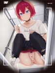  1girl :o ange_katrina ange_katrina_(5th_costume) anus bar_censor belt black_choker black_pants blue_eyes brown_belt censored choker clothes_pull earrings hair_between_eyes hair_ornament highres jewelry mobukichi nijisanji panties pants pants_pull panty_pull peeing pubic_hair pussy red_hair red_panties shirt shoes short_hair short_sleeves sneakers solo spread_legs squat_toilet squatting t-shirt toilet toilet_use triangle_earrings triangle_hair_ornament underwear virtual_youtuber white_shirt white_shoes 
