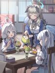  3girls animal_ears apron blue_archive blue_eyes blue_kimono blurry blurry_background braid cafe chair closed_eyes commentary_request cup dog_ears food green_hair green_tea grey_eyes grey_hair half_up_braid halo highres holding holding_teapot indoors japanese_clothes kimono kirino_(blue_archive) light_smile long_hair low_twin_braids maid maid_headdress matcha_parfait medium_hair miyako_(blue_archive) multiple_girls on_chair open_mouth parfait sitting smile sparkle steepled_fingers table tea teapot toki_kimagure twin_braids umika_(blue_archive) very_long_hair wa_maid wagashi white_apron wooden_chair wooden_table yunomi 