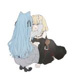  2girls absurdres animal_ears ascot bang_dream! bang_dream!_it&#039;s_mygo!!!!! black_dress black_shoes blonde_hair blue_hair blush brown_corset cat_ears chinese_commentary commentary_request corset dahan_jax dog_ears doloris_(bang_dream!) dress full_body grey_skirt hair_ears hair_ribbon hand_on_another&#039;s_head hand_on_own_knee headpat heic-to-png_conversion highres kemonomimi_mode kneeling loafers long_sleeves looking_at_another md5_mismatch misumi_uika multiple_girls open_mouth puffy_long_sleeves puffy_sleeves purple_eyes ribbon shoes simple_background skirt socks squatting togawa_sakiko white_ascot white_background white_socks 