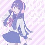  1girl :d black_sailor_collar blush bow bowtie commentary cowboy_shot danganronpa:_trigger_happy_havoc danganronpa_(series) dao_(li_0069) from_side headphones long_hair maizono_sayaka miniskirt pleated_skirt purple_hair red_bow red_bowtie sailor_collar shirt skirt smile solo striped_background symbol-only_commentary white_background white_shirt 