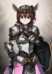  1girl absurdres armor breastplate brown_eyes brown_hair closed_mouth commentary cowboy_shot gauntlets hair_between_eyes helmet highres hold111 holding holding_shield idolmaster idolmaster_million_live! kasuga_mirai looking_at_viewer one_side_up pauldrons shield short_hair shoulder_armor single_gauntlet solo standing sword weapon winged_helmet 