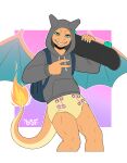 2_horns 5_fingers abstract_background anthro artist_logo backpack baxter_blaze blue_backpack blue_body blue_eyes blue_skin blue_wings carrying_another charizard claws clean_diaper cloth_diaper clothed clothing countershading darksidefighter diaper diaper_fastener diaper_fetish digital_drawing_(artwork) digital_media_(artwork) draconic dragon dragon_tail eyebrow_ridge fan_character fastener finger_claws fingers fire flaming_tail front_view furgonomic_diaper furgonomic_hoodie furgonomic_topwear furgonomics generation_1_pokemon gesture glistening glistening_body glistening_eyes gradient_background grey_clothing grey_hoodie grey_topwear grin grinning_at_viewer hand_gesture head_horn hi_res holding_object holding_skateboard hood_up hoodie horn humanoid_hands laid_back logo male membrane_(anatomy) membranous_wings multicolored_body multicolored_scales multicolored_skin mythological_creature mythological_scalie mythology nintendo object_on_shoulder on_shoulder orange_body orange_face orange_hands orange_legs orange_scales orange_skin orange_snout orange_tail orange_wings pink_background pink_diaper_fastener pink_fastener pokemon pokemon_(species) pokemorph portrait purple_background reptile scales scalie sharp_teeth simple_background skateboard smile solo tail tan_body tan_cloth_diaper tan_countershading tan_scales tan_tail teeth three-quarter_portrait three-quarter_view toothy_grin topwear v_sign vehicle wearing_diaper white_background white_claws white_diaper_faster white_fastener white_finger_claws wings