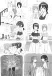  2girls 4others aerial_fireworks bikini blush closed_mouth commentary_request fireworks food greyscale hand_on_another&#039;s_arm highres holding holding_fireworks hug indoors monochrome multiple_girls multiple_others night on_bed ono_or_ohno original outdoors partially_submerged ponytail popsicle shorts sitting sparkler speech_bubble sweat swimsuit tongue tongue_out translation_request yuri 