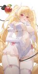  1girl absurdres apostle_(dungeon_and_fighter) ashtarte_(dungeon_and_fighter) bare_shoulders battle_mage_(dungeon_and_fighter) between_legs blonde_hair breasts breasts_apart choker chukibabo2 closed_mouth commentary_request commission covered_navel cowboy_shot crotch_zipper demon_horns demon_tail dungeon_and_fighter elbow_gloves female_mage_(dungeon_and_fighter) finger_to_tongue frilled_choker frilled_gloves frilled_leotard frills garter_straps glint gloves hand_on_own_stomach hand_up highleg highleg_leotard highres horns korean_commentary large_breasts leotard long_hair looking_at_viewer naughty_face pointy_ears red_eyes second-party_source see-through_clothes see-through_leotard sidelocks simple_background skindentation smile solo standing tail tail_between_legs thighhighs thighs tongue tongue_out twintails very_long_hair white_background white_gloves white_leotard white_thighhighs zipper_pull_tab 