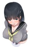  1girl black_eyes black_hair black_sailor_collar blush breasts cleavage commentary curvy drooling foreshortening from_above hair_ornament highres kirigaya_suguha large_breasts looking_at_viewer neckerchief no_dickey sailor_collar school_uniform serafuku short_hair simple_background solo standing sword_art_online symbol-only_commentary textless_version tongue tongue_out white_background wide_hips xlyami yellow_neckerchief 