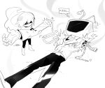  1boy 1other ant_tenna belt belt_buckle bodysuit boots buckle cable cape carbingsu clothed_robot collared_shirt cracked_screen crt deltarune greyscale highres holding_limb humanoid_robot kris_(dark_world)_(deltarune) kris_(deltarune) lying mechabare missing_limb monochrome necktie object_head on_back pants pointy_nose robot shirt shoes speech_bubble spoilers standing tailcoat torn_clothes 