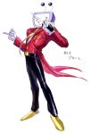  1boy aa_kabeuchi absurdres ant_tenna belt black_belt black_pants crt deltarune full_body gloves grin hands_up highres holding holding_microphone male_focus microphone necktie object_head pants pointy_nose shoes simple_background smile solo tailcoat white_background white_gloves yellow_necktie yellow_shoes 