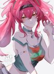  1girl bandaid bandaid_on_arm black_hairband breasts choker claw_pose collarbone green_choker green_tank_top hairband heart highres jewelry long_hair looking_at_viewer lupa_(wuthering_waves) medium_breasts midriff necklace pink_hair sidelocks simple_background solo spoken_heart star_(symbol) star_necklace strap_slip tail tank_top twintails upper_body watermark white_background wolf_girl wolf_tail wu_yuuri wuthering_waves yellow_eyes 