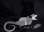2025 after_transformation alley ambiguous_gender american_opossum broken_phone clothing detailed_background discarded_clothing feral food fries greyscale hi_res human mammal marsupial monochrome night outside phytophile signature solo standing trash trash_can