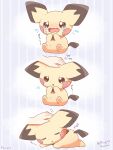  closed_eyes crying crying_with_eyes_open hand_on_another&#039;s_head hand_on_own_head highres lying mugita_konomi on_stomach open_mouth pichu pokemon pokemon_(creature) sitting sleeping striped_background tears twitter_username zzz 