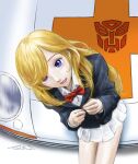  1girl autobot blonde_hair blue_eyes car character_request long_hair looking_at_viewer minerva_(transformers) motor_vehicle nakamura_jun'ichi on_car open_mouth school_uniform sitting skirt smile solo transformers transformers_super-god_masterforce white_skirt 