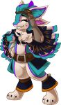 3_fingers 3_toes 4_ears alpha_channel anthro avali avian belt black_bottomwear black_claws black_clothing black_skirt blue_body blue_bottomwear blue_clothing blue_feathers blue_hair blue_inner_ear blue_inner_ear_fluff blue_skirt blue_trim blue_wings bottomless bottomless_female bottomwear brown_belt claws cledanio clothed clothed_anthro clothed_female clothing eyes_closed feather_hair feathered_wings feathers featureless_crotch feet female female_(lore) female_anthro fingers furgonomics grey_belt_buckle hair hand_on_hip hand_on_own_head hand_on_own_hip hi_res inner_ear_fluff legwear mechanical_arm multi_ear nervous orange_clothing orange_legwear prosthetic prosthetic_arm prosthetic_limb pseudo_hair purple_body purple_feathers purple_inner_ear_fluff purple_wings simple_background skirt solo standing tether_(skye) toe_claws toes transparent_background tuft white_body white_ears white_face white_feathers white_wings wing_clothing winged_arms wings