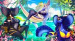 2025 absurd_res anthro apode bikini bikini_bottom bikini_top black_body black_hair black_scales blue_body blue_hair blue_scales claws clothing cobra detailed_background draconcopode female group hair hammock hi_res horn legless lingerie long_hair naga oasis origami-orange reptile scales scalie serpentine snake swimwear tan_body tan_scales trio two-piece_swimsuit water