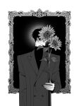  1boy benkdjjituibot black_background black_coat black_hair black_shirt border coat covering_face flower greyscale highres holding holding_flower kim_dokja male_focus monochrome omniscient_reader&#039;s_viewpoint ornate_border outside_border shirt short_hair solo sunflower white_border 