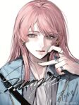  1girl bang_dream! bang_dream!_it&#039;s_mygo!!!!! blue_jacket blue_nails chihaya_anon chinese_commentary commentary_request earrings grey_eyes hand_up highres jacket jewelry long_hair looking_at_viewer multiple_rings nail_polish pink_hair ring sample_watermark simple_background siy_(shengxiu760722) solo upper_body watermark weibo_watermark white_background 