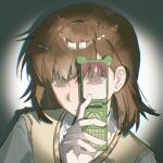  1girl brown_eyes brown_hair brown_sweater_vest cellphone english_commentary evenf flip_phone hair_ornament hairclip highres holding holding_phone looking_at_viewer misaka_mikoto phone school_uniform shirt short_hair signature simple_background solo spotlight sweater_vest toaru_kagaku_no_railgun toaru_majutsu_no_index tokiwadai_school_uniform upper_body white_shirt 