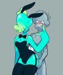 5_fingers ambiguous_gender armor artist_name balls big_butt black_bow_tie black_breastplate black_clothing black_legwear black_stockings blue_body blush bottomless bottomless_ambiguous bow_tie breastplate bulge bunny_costume butt clothed clothing colored cosmo_(dozighost) costume curvy_figure digital_drawing_(artwork) digital_media_(artwork) dozighost dripping duo elemental_creature elemental_humanoid english_text eyewear eyewear_only fake_ears fake_rabbit_ears fingers footwear genitals glasses glasses_only glistening glistening_body glistening_butt glistening_hair glistening_skin goo_creature goo_hair goo_humanoid green_body green_tongue grey_background grey_body grey_hair grey_skin hair hair_over_eye hand_on_butt high_heels human humanoid latex latex_clothing latex_legwear latex_stockings legwear male male/male mammal multicolored_body not_furry nude playboy_bunny pseudo_hair seductive shaded shoes signature simple_background simple_eyes sitting smile smirk solo stockings teasing teasing_with_butt text thick_thighs tongue tongue_out two_tone_body watermark wearing_glasses wide_hips