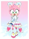  1girl :d absurdres amy_rose animal_nose arm_bow ascot bare_shoulders blue_background blue_sky blush boots border bow cloud cloudy_sky commentary cosplay crossover cure_prism cure_prism_(cosplay) dress dress_bow elbow_gloves frilled_dress frills full_body furry furry_female gloves gradient_background gradient_sky green_eyes hair_bow hair_ornament halter_dress halterneck hands_on_own_chest hedgehog_girl highres hirogaru_sky!_precure jewelry kuro_(user_uwrm3742) looking_at_viewer magical_girl medium_dress mixed-language_commentary open_mouth own_hands_together pink_background pink_fur pink_sky precure sky sleeveless sleeveless_dress smile solo sonic_(series) standing teeth two-tone_background upper_teeth_only white_ascot white_boots white_border white_bow white_dress wing_hair_ornament 