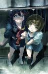 2girls black_hair black_sailor_collar black_shoes black_skirt blue_eyes blue_neckerchief blue_sailor_collar blue_skirt breasts brown_eyes brown_hair colored_eyelashes fingerless_gloves gloves highres holding_another&#039;s_arm kill_la_kill living_clothes looking_at_another mankanshoku_mako matoi_ryuuko min_(bibbibtobib) multiple_girls neckerchief orange_eyes pout puddle rain red_gloves red_neckerchief red_streaks sailor_collar sailor_shirt senketsu shadow shirt shoes short_hair skirt smile sneakers socks white_shoes 